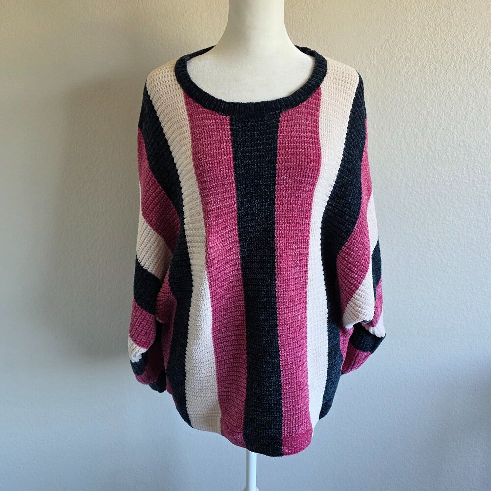 NEW Solitaire Chenille Sweater Dolman Sleeve Stripe Black Ivory Pink Soft Size L